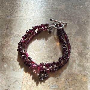 Genuine, garnet, and silver RB double strand bracelet with heart charm